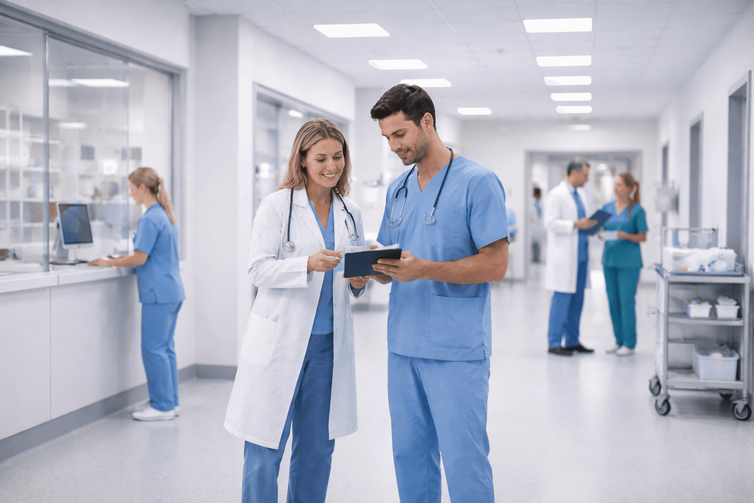 Hospital corridor with medical staff